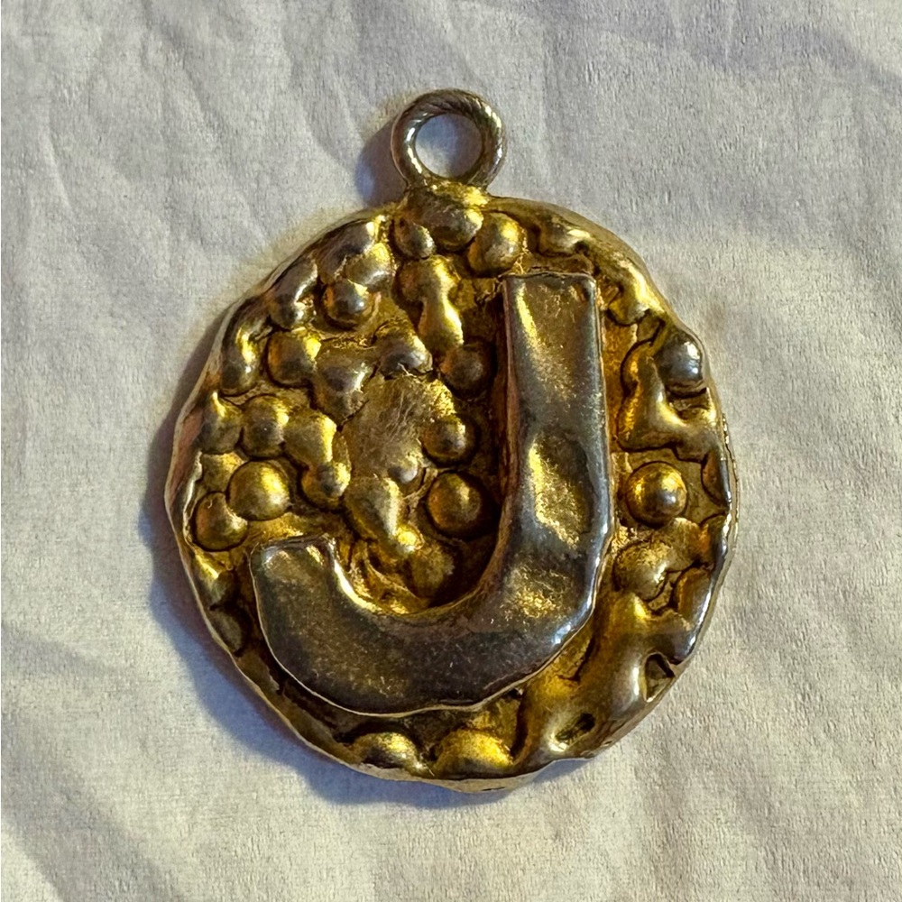 “J” Monogram Round Pendant in Gold tone by Erwin Pearl. 1.5”. Vintage! Preowned